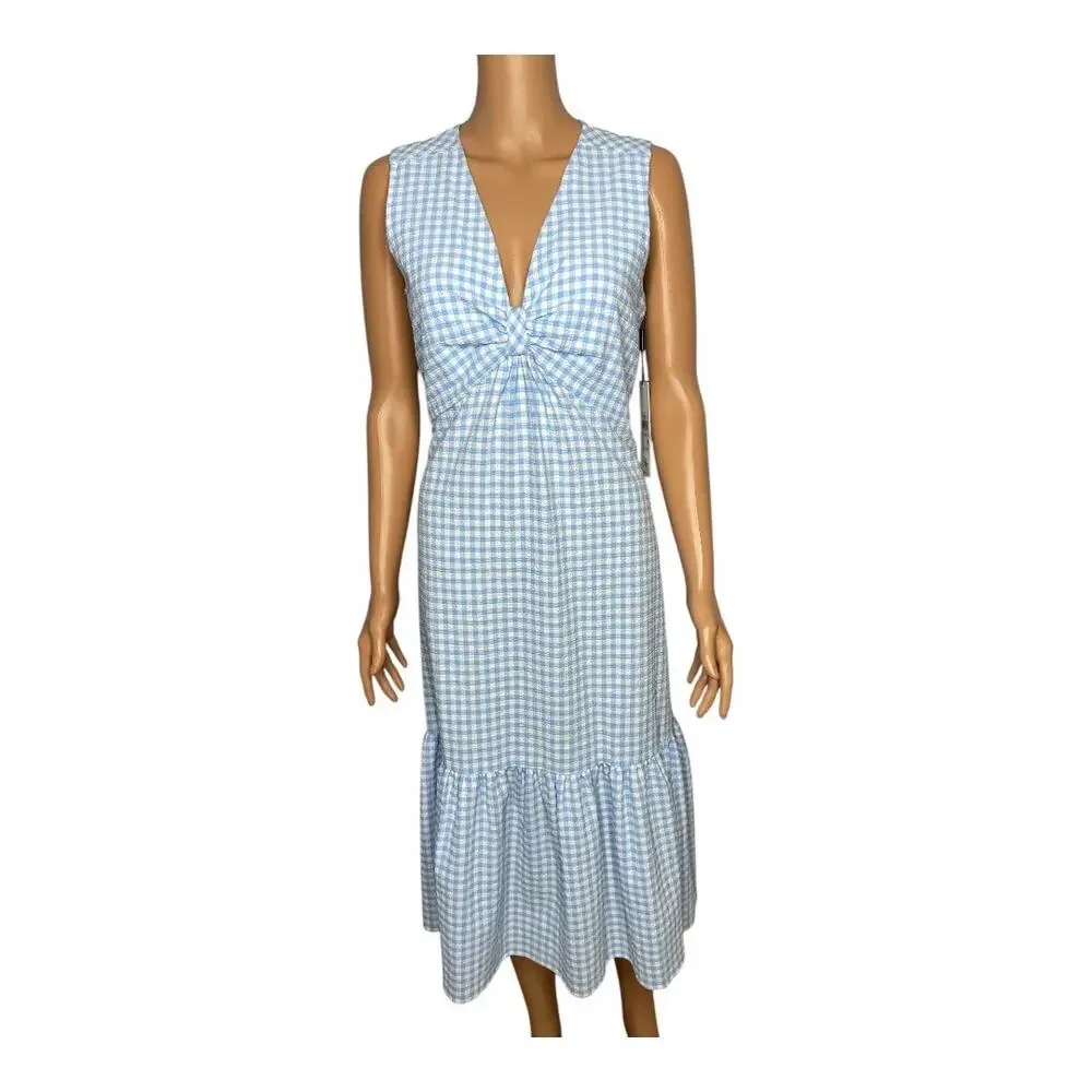 Calvin Klein Women’s Blue Gingham  Sleeveless Front Knot Midi Dress size 10 NWT - Picture 2 of 10
